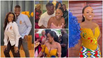 Beautiful Ghanaian bride Winnie shows off dancing moves in elegant corseted kente on her wedding day