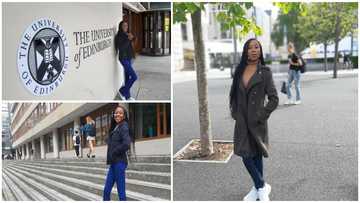 Young lady who hawked while in university to raise funds lands in UK for studies, shares cute photos