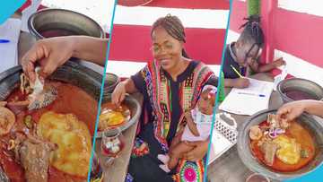 Mzbel eats large bowl of fufu with palm nut soup and meat while her son Adepa studies hard in the video