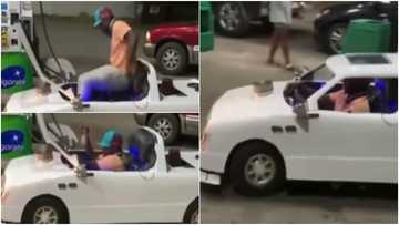 Man stirs reactions as he drives to filling station with a toy-like car to fill tank
