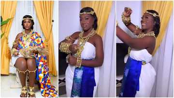 Hajia Bintu looks stunning in traditional cloth and gold ornaments, dances in video