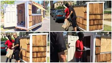 Homeless woman can't keep calm as kind man gifts her cute movable house in video