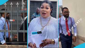 'Worried' Angel Asiamah spotted in serious discussion with Agradaa's lawyer at Tema High Court, video