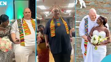 Ghanaian bride wows in kente as she marries gigantic obroni husband in UK, videos go viral