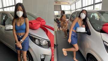 Pretty lady with fine legs buys a new car; drops photos to celebrate
