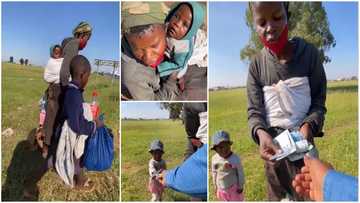 Kind man blesses woman & her kids who beg on the street with cash & foodstuffs