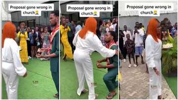 Man kneels to propose to lady on her birthday after church service but she rejected him in video