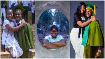 Man Carries sister on one arm as he recreates Matric Photo in celebration of his university graduation