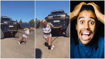 Strongest Obroni: White lady pulls gigantic car using ropes in incredible video, leaves many in disbelief