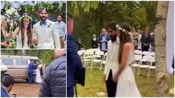 Pretty bride wows her blind groom on wedding day, wears tactile dress for the occasion, turns heads in video
