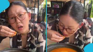 Chinese woman visits Ghana, enjoys large bowl of Fufu: "Tastes great"