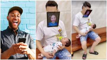 Smart man wears smiling photo of baby's mum face to make the kid take a pacifier, video stirs funny reactions