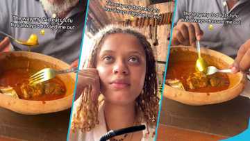 Stunning lady stressed as her dad eats fufu and palm nut soup using a fork and spoon, video