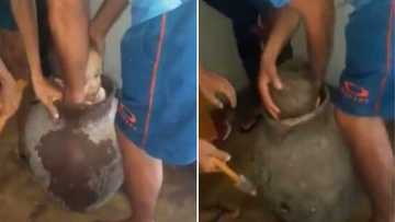 Men use hammer to crack open vase and free little boy who got himself stuck, netizens share similar clips