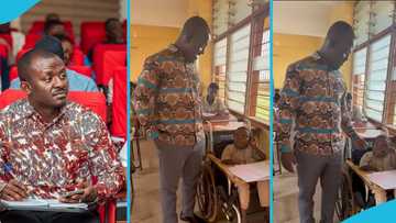 Physically challenged BECE candidate speaks with MP Charles Akwasi Asiedu during an exam