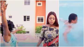 Embarrassing moment Regina Daniels pushed staff into swimming pool before her guests (video)