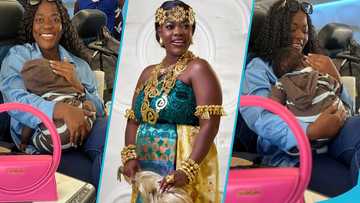 Asantewaa flaunts her son's American passport and a GH¢10k Jacquemus bag on a flight, photos