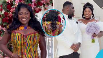 Ghanaian bride looks resplendent in a classy cutout kente gown for her lavish wedding