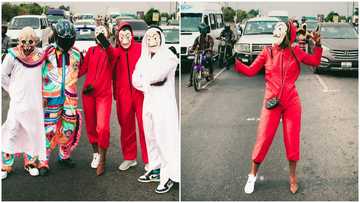 Sel The Bomb: Stubborn Ghanaian blogger flaunts curves in Money Heist costume, takes over streets of Accra with friends