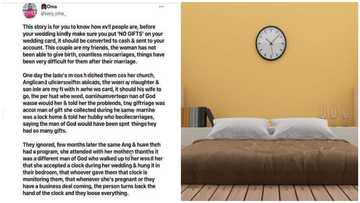 They hang it in their bedroom: Lady shares how clock gift received on wedding day delayed woman's pregnancy