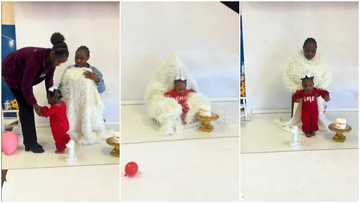 Mother poses as a chair during baby's birthday photoshoot to keep the child calm, her brilliant idea wows many