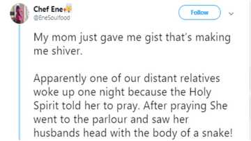 Lady chills social media with story of how her relative's pastor husband transformed to half snake, half human