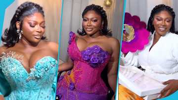Ghanaian musician S3fa looks regal in a pink corseted kente gown for her traditional wedding