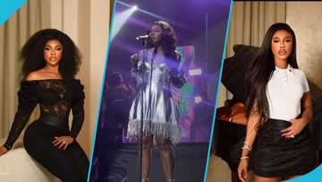 Singer Becca rocks sparkly silver dress while holding a matching Stanley cup to perform at an event