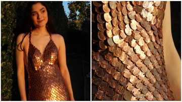 Amazing fashion DIY: Lady makes gorgeous cocktail dress from over 2,000 coins worth 162 cedis