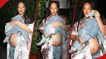 Rihanna heavily pregnant, flaunts baby bump as she carries RZA across her chest