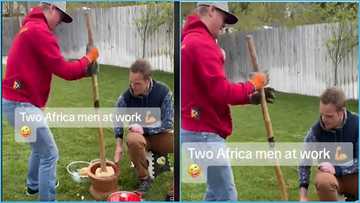 Netizens react to video of two white men pounding fufu