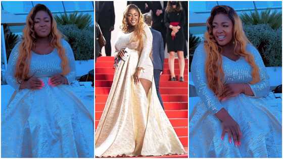 “Pressure nkoaa”: Tracey Boakye exposes herself in dress with open slit at Cannes 22; gets fans talking