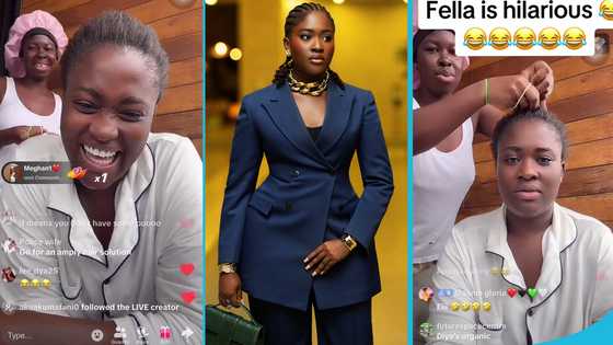 Fella Makafui's hairstylist tries to tie her short and permed hair into a ponytail, funny moment trends