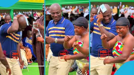 Appiah Stadium throws cedi notes away as he dances Adowa at Mahama's Thank you tour event, video