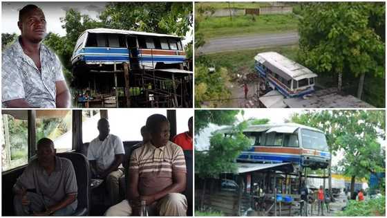 Man buys an old bus, hangs it on top of house & converts it into restaurant, people seen eating fufu in video