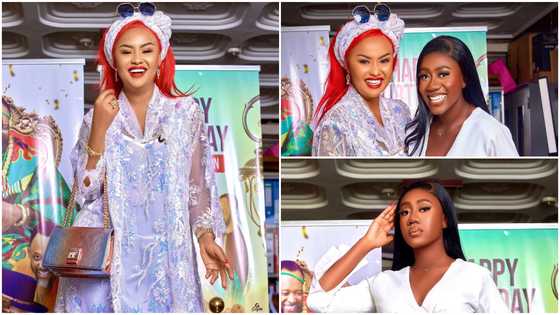 Hajia Bintu can't stop smiling as she poses with Nana Ama McBrown looking gorgeous in a white decent dress