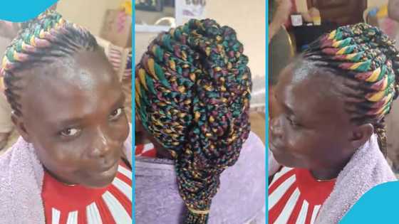 Ghanaian woman braids her hair with the colours of Ghana flag, video goes viral: "Ama Ghana nie"