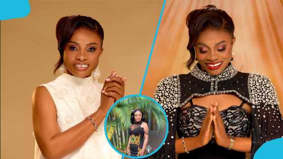 Diana Asamoah dazzles in a stylish halter-neck kente gown and bold makeup, fans react to new look