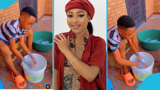 Akuapem Poloo makes her young son wash white "dross," teaches him how to do it well