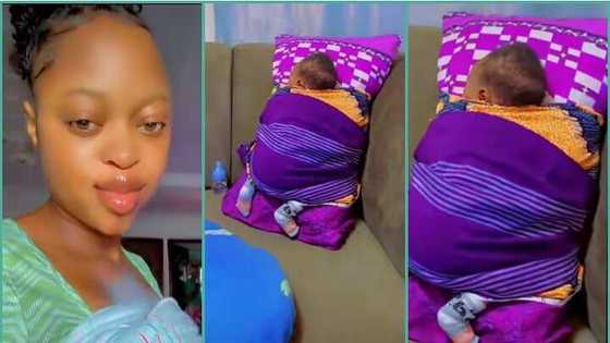 Mum ties her baby to pillow in video, people react: "This pikin dey show me shege"