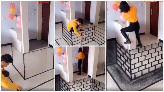 Talented man fakes pit inside room with amazing floor painting, shocks a lady in video