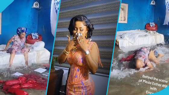 Nana Ama McBrown swims in a pool of water in flooded bedroom scene in Piesie Esther's Mo music video