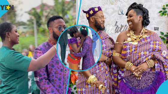 Ghanaian actor Kalybos' wife looks flamboyant in stylish kente and hairstyle at their star-studded event