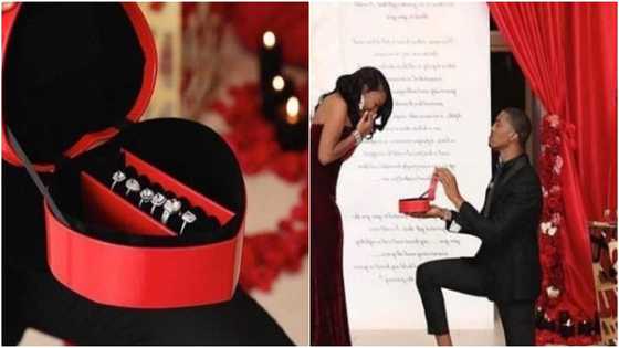 Man proposes to his girlfriend with 6 different diamond rings & giant gift card