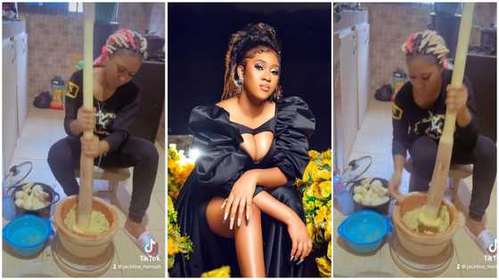 Jackline Mensah pounds fufu and stirs it by herself in a funny video: "Wife material"