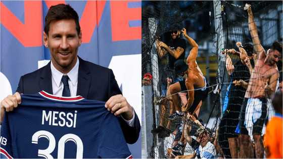Ligue 1 fan wearing anti-Messi shirt while vandalizing electronic shop