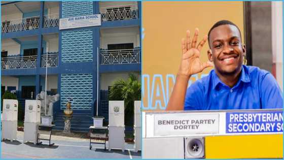 Presbyterian Boys' SHS finalist Partey Dortey's Basic School celebrates his NSMQ victory