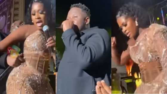 GMAUK21: Medikal 'faints' behind Fella Makafui while grinding her backside on stage; video pops up
