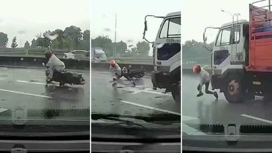 Biker narrowly escapes getting hit by a truck, viral video has internet holding their breaths