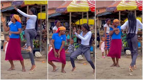 Pretty lady in heels 'challenges' market woman to Buga dance, they compete with moves in viral video